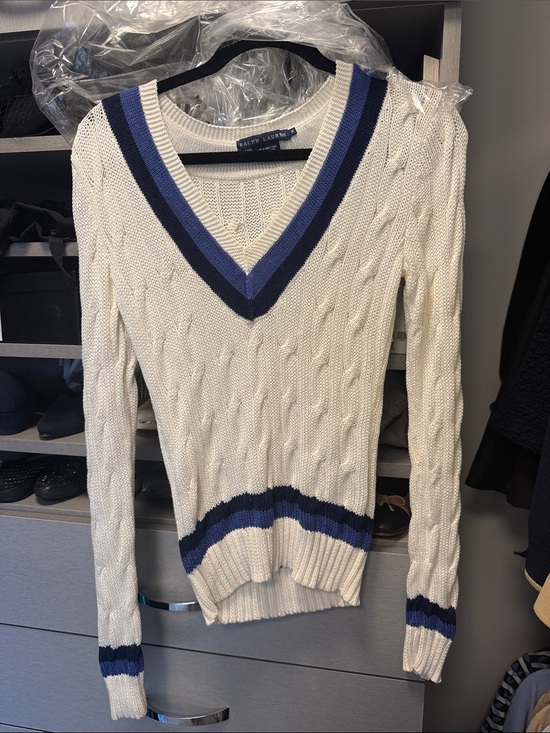 Ralph Lauren Sweaters - Ralph Lauren Cream Cable-Knit V-Neck Sweater with Navy and Royal Trim medium